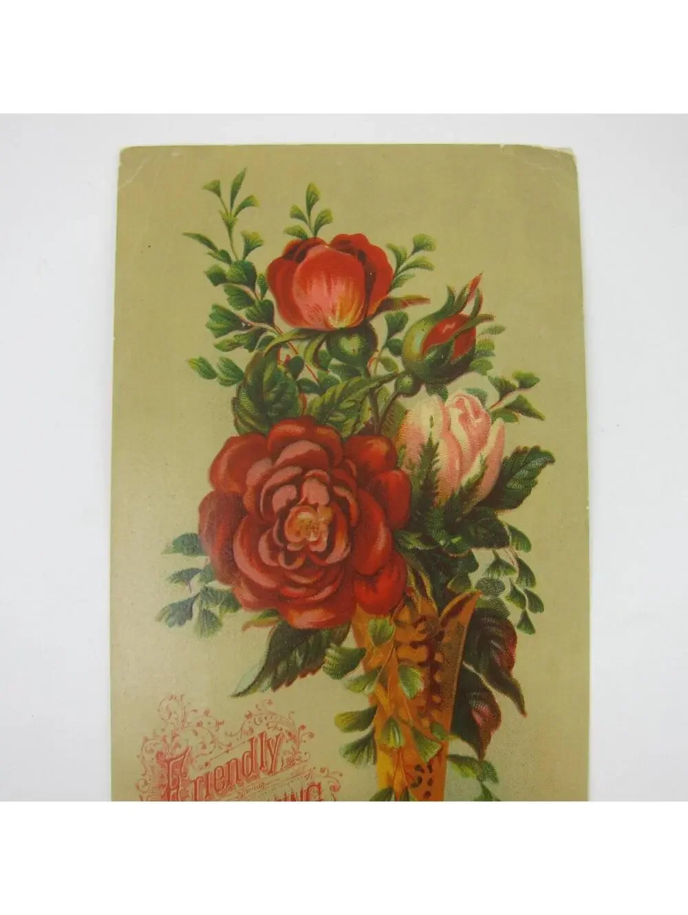 Victorian Greeting Card LARGE Red Flowers Pink Rose in Gold Vase Antique 1881